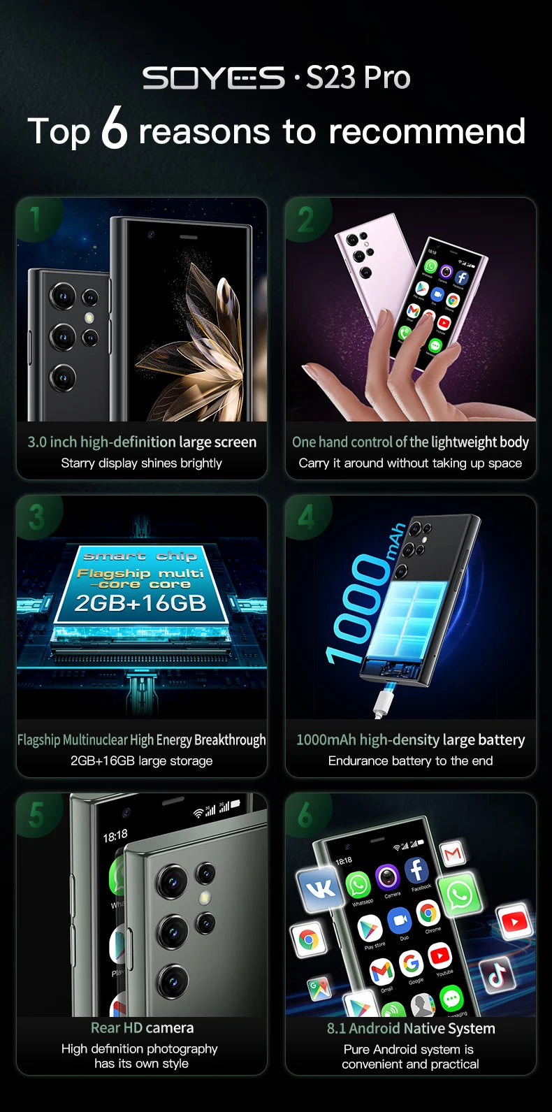 Teléfonos Inteligentes SOYES S23 Pro y Mini 24, Android 8.1, Doble SIM, Pantalla HD de 3.0'', Batería de 1000 mAh, WIFI, Bluetooth, 3G, Teléfono Móvil Pequeño