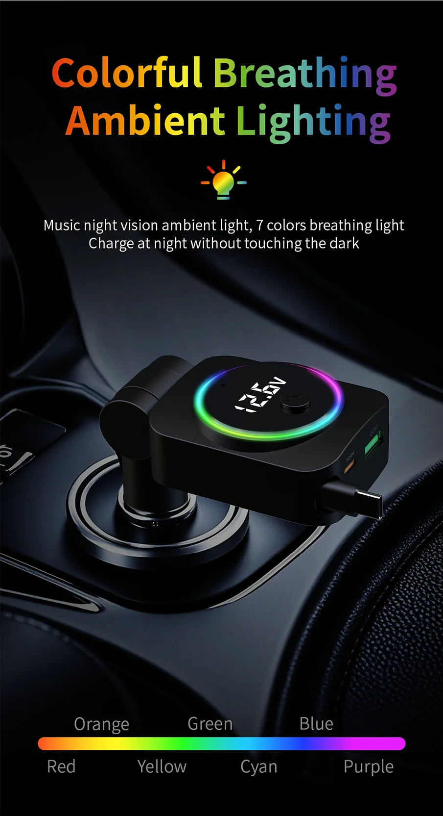 Cargador de Auto Retráctil 60W con Cable Tipo C PD30W y QC3.0 USB