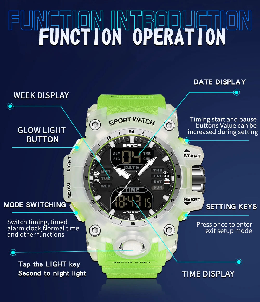 SANDA-reloj electrónico de lujo estilo G para hombre, cronógrafo Digital analógico LED para deportes al aire libre, pantalla Dual militar, resistente al agua hasta 50M