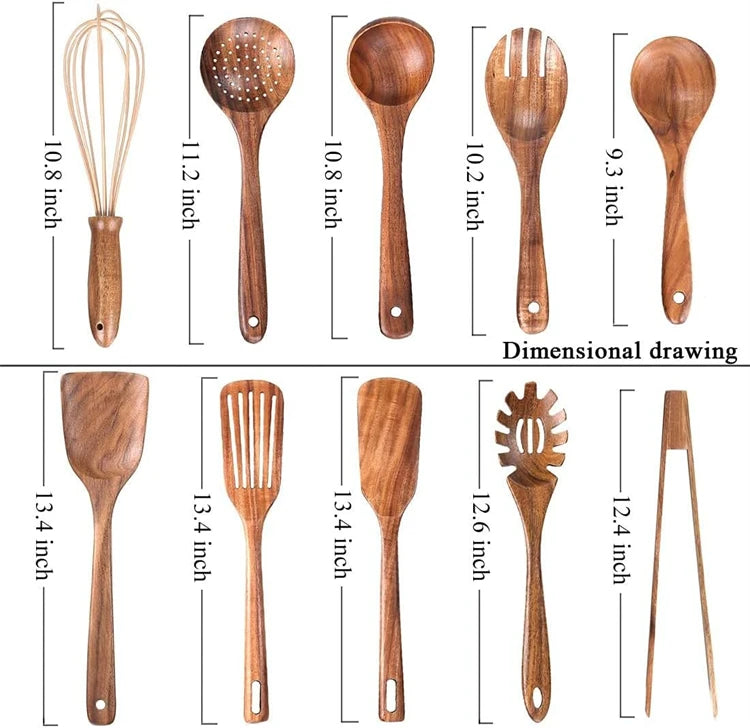 LMETJMA Paquete de 10 utensilios de cocina de madera de teca Natural, juego de utensilios de cocina con espátula y cucharas de madera para cocinar y hornear JT503