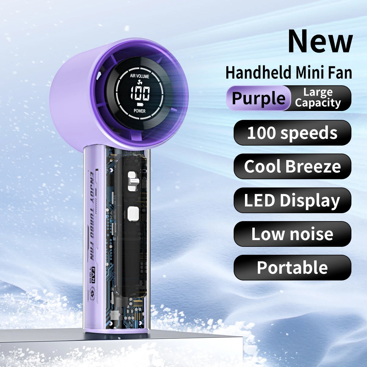 Ventilador de mano digital turbo de alta velocidad con 100 niveles ajustables, silencioso, portátil, botones físicos mecha transparentes