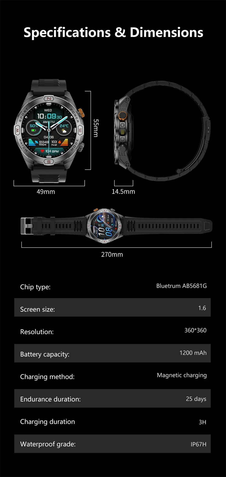Reloj Inteligente Militar 1200mAh Brújula