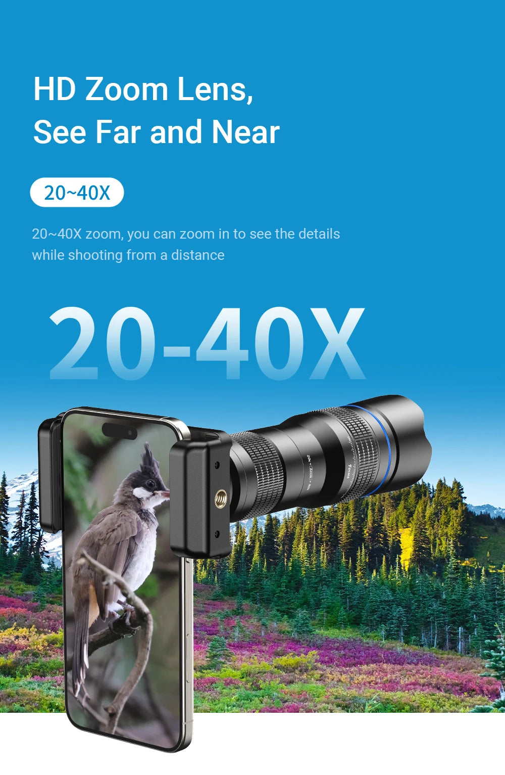 Teleobjetivo HD 20x-40x Zoom para Teléfono iPhone Samsung Xiaomi