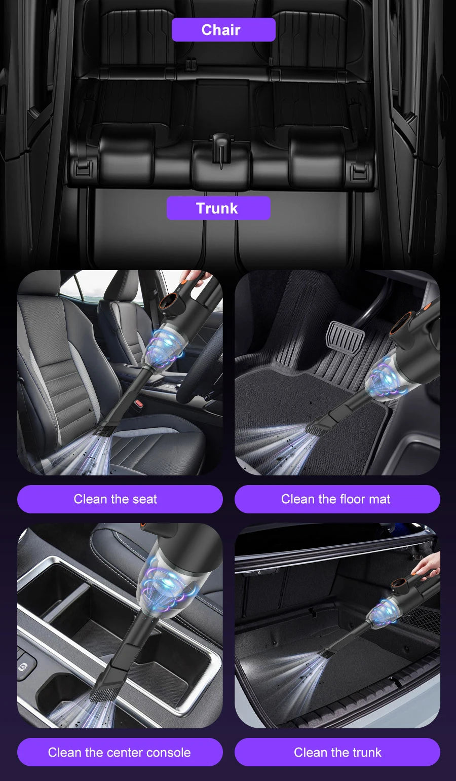Aspirador de coche de 11000PA, aspirador de mano inalámbrico portátil de succión fuerte con múltiples boquillas para coche, hogar, oficina, mascota