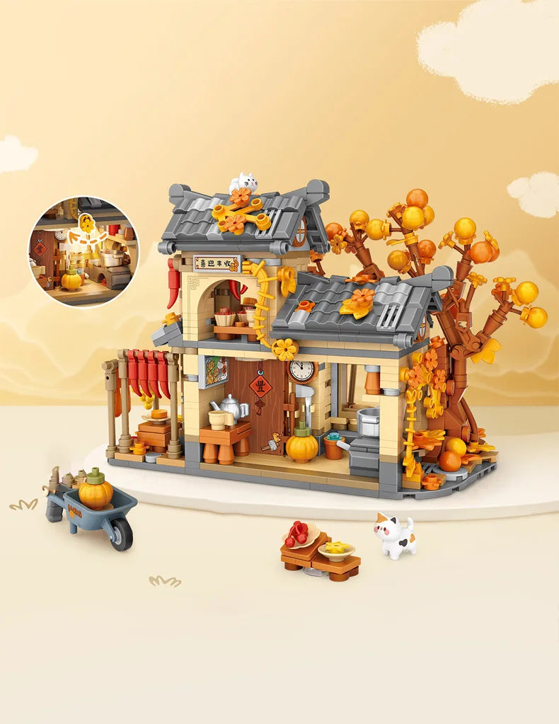 LOZ-1379 Bloques de construcción de casa de sol y otoño, conjunto de modelo educativo de casa de madera, juguetes de bloques de construcción para niños, regalos de cumpleaños