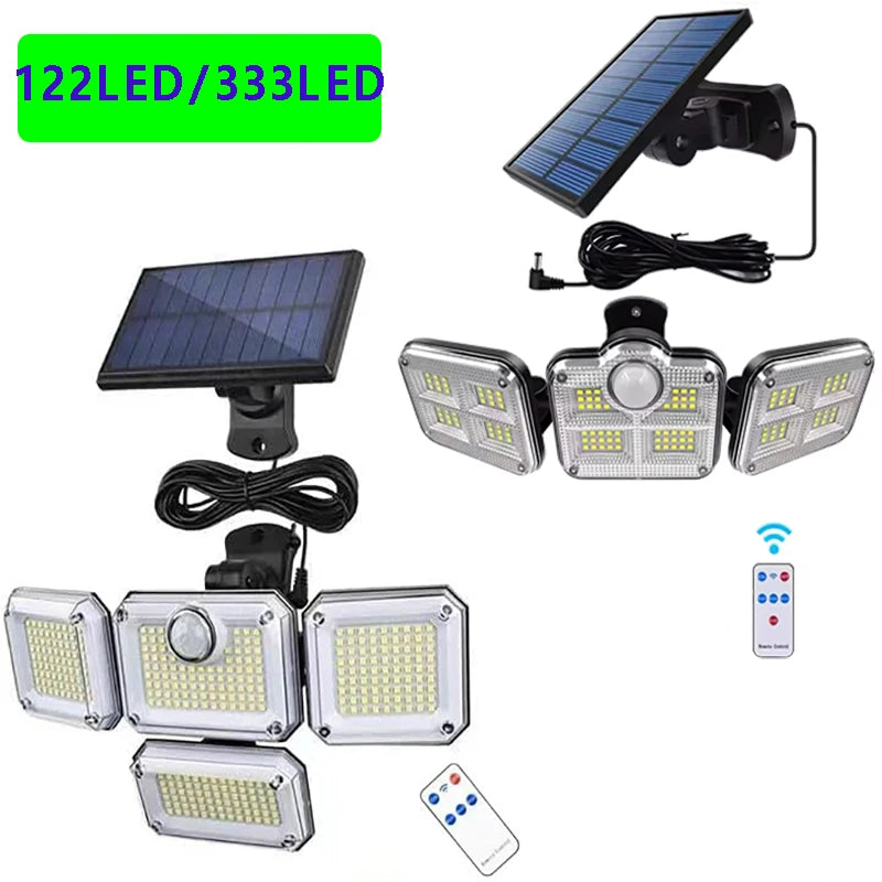 Lámpara Solar 4 Cabezales 122LED 3000 Lúmenes Sensor de Movimiento