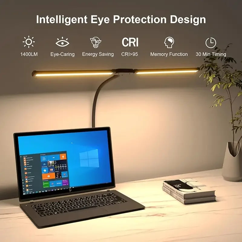 Lámpara de escritorio de doble cabezal LED con clip 3 modos de brillo adaptador USB ajustable adecuado para leer estudiar monitores de piano Oficina