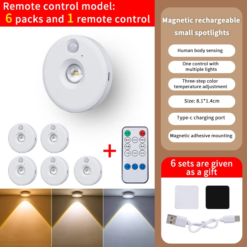Lámpara LED para debajo del gabinete con Sensor de movimiento PIR, luz nocturna recargable regulable para escaleras, armario, habitación, pasillo, barra de tubo, bombilla detectora