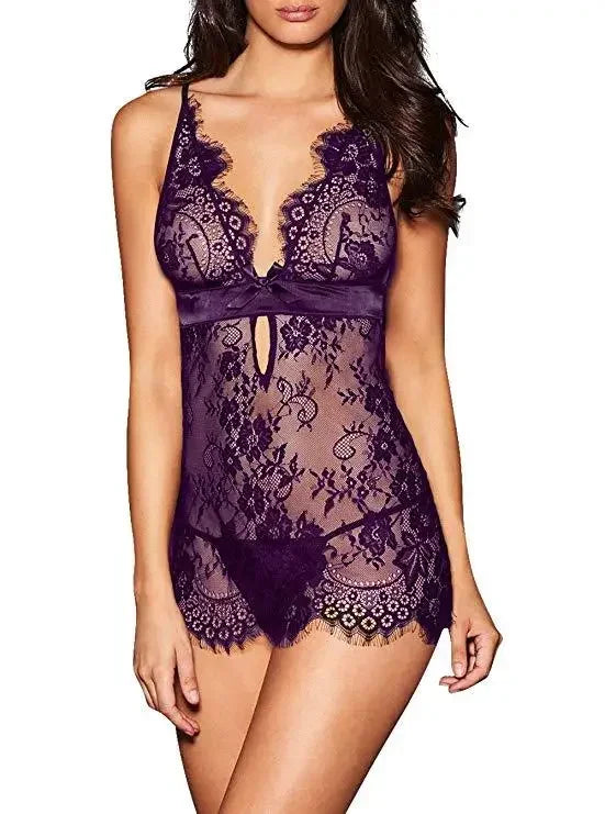 Babydoll de Encaje con Espalda Descubierta, Lencería Sexy