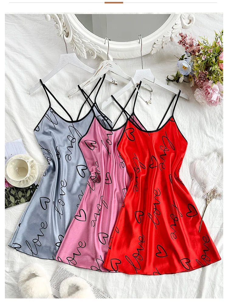 Camisón con estampado de corazón Vestido de dormir elegante con cuello redondo y espalda cruzada Ropa de dormir para mujer
