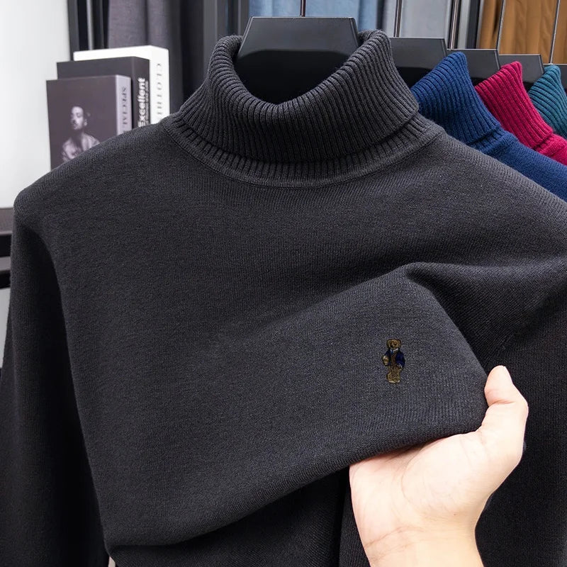 Suéter de Punto de Manga Larga para Hombre, Diseño de Alta Gama, Estampado de Oso, Cuello Alto, Estilo Informal, Versátil, Cálido y Moderno