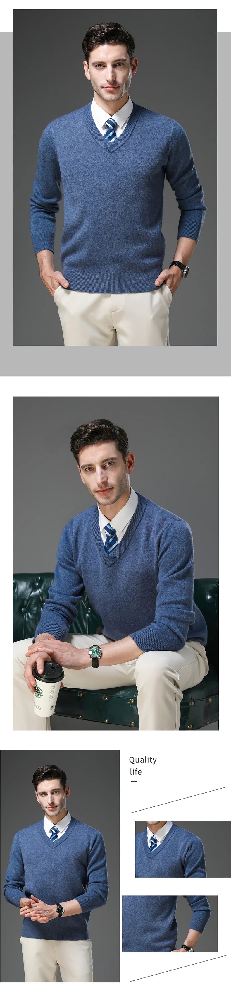 Suéter de Punto Grueso Antipilling para Hombre - Cuello en V