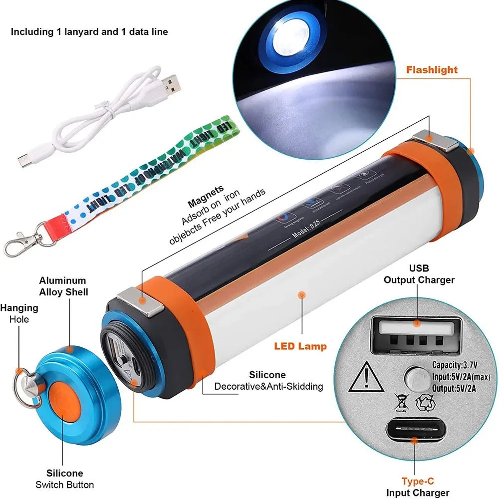 Luz LED Portátil Recargable para Acampar con Imán