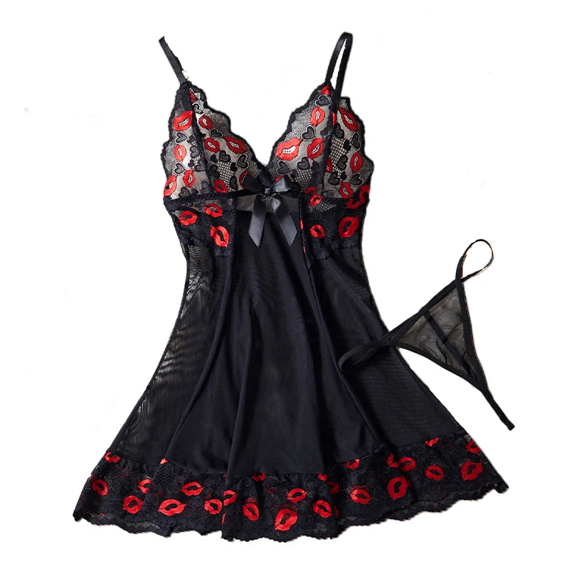 Vestido Babydoll de Encaje con Tanga, Lencería para Mujer