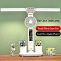 Lámpara de escritorio LED, lámpara de ventilador plegable portátil, reloj de pantalla inteligente, lámpara de escritorio recargable por USB, protección ocular, luz de escritorio de lectura para estudio