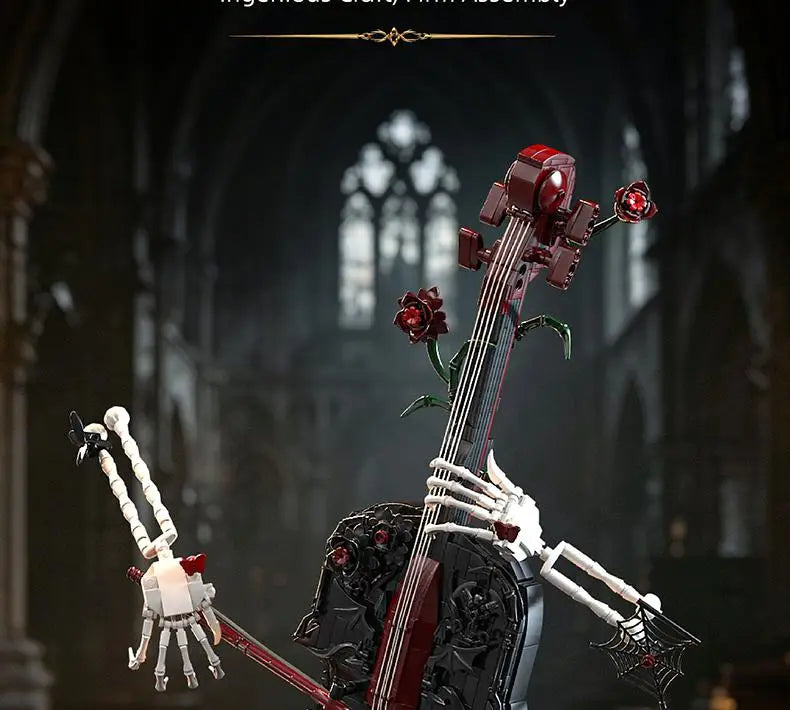 Set de Bloques de Construcción de Violín con Corona de Rosas y Cruz de la Serie Noche Gótica, Modelo MOC, Juguete de Ensamblaje, Adorno de Escritorio, Regalo de Cumpleaños