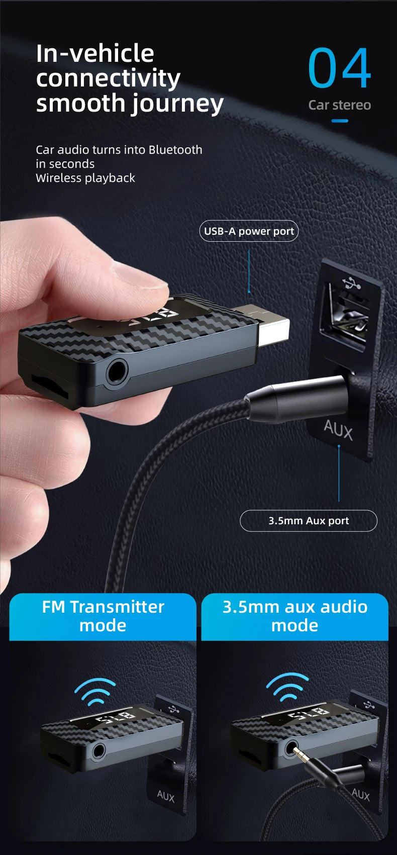 Receptor Bluetooth para Auto con Lector TF y Manos Libres