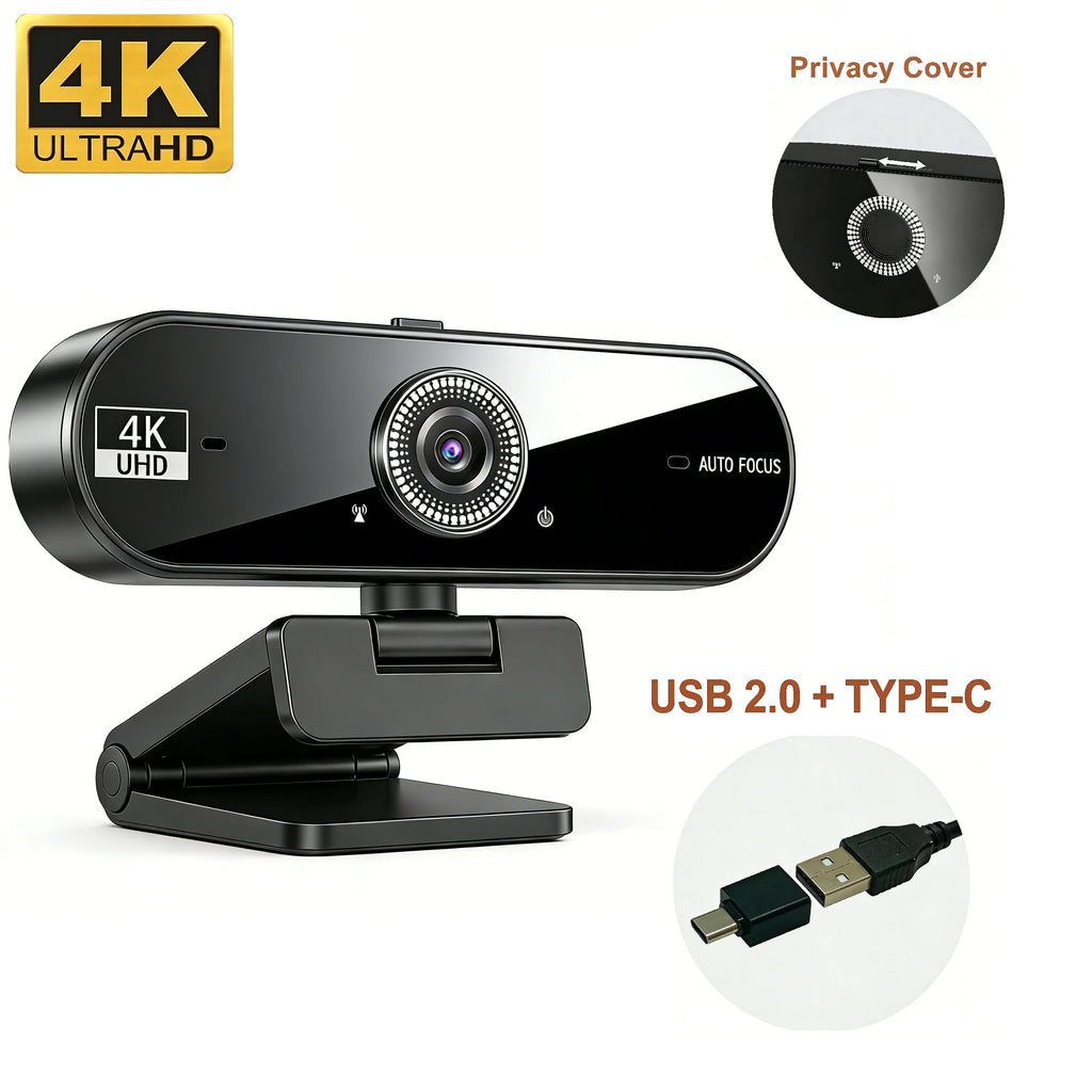Cámara web 4K UHD con enfoque automático y micrófonos con cancelación de ruido para PC