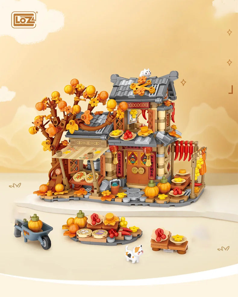LOZ-1379 Bloques de construcción de casa de sol y otoño, conjunto de modelo educativo de casa de madera, juguetes de bloques de construcción para niños, regalos de cumpleaños