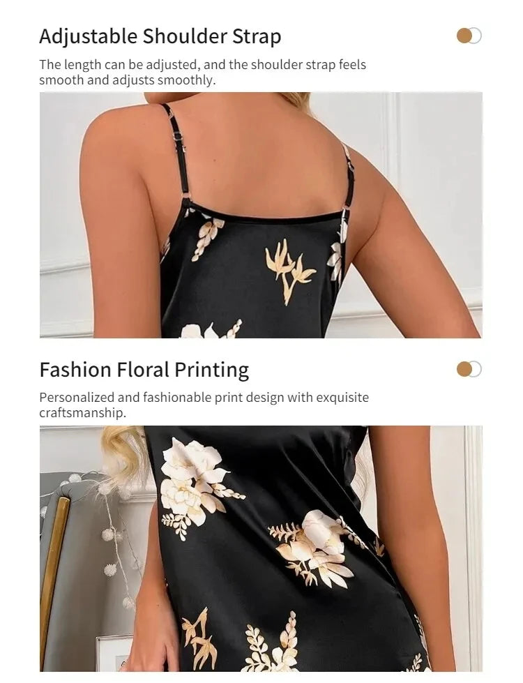 Camisón Sexy con estampado Floral para mujer, ropa de dormir de seda, color negro, para el hogar