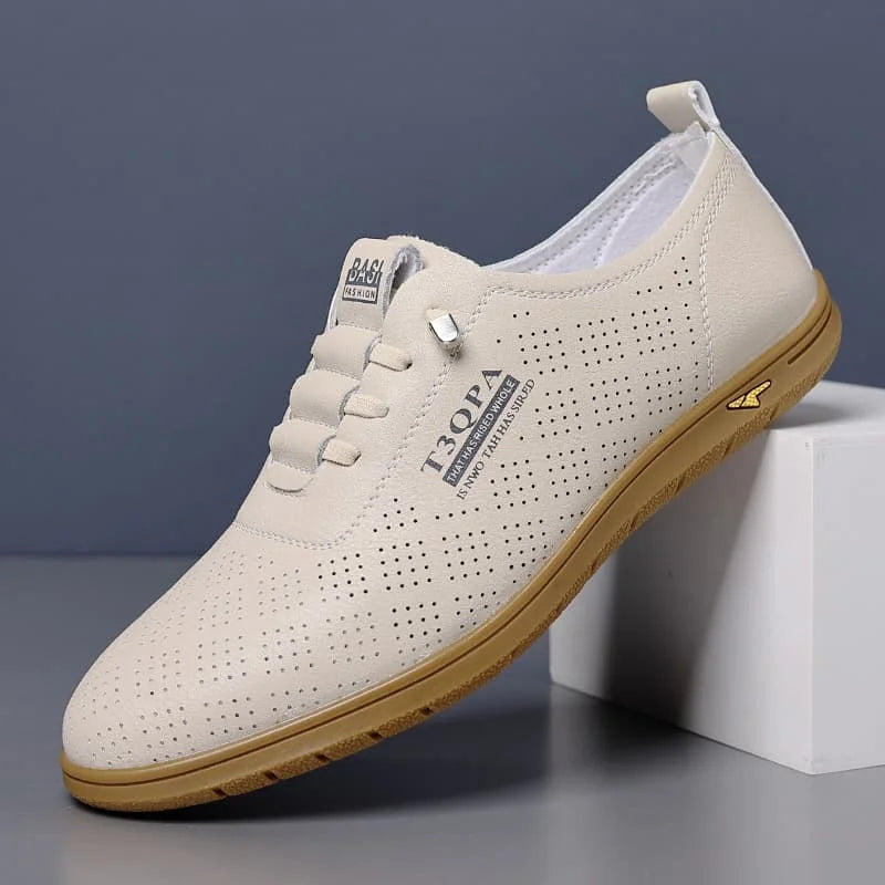 Zapatos de vestir mocásin para hombre, cuero blanco, decoración perforada