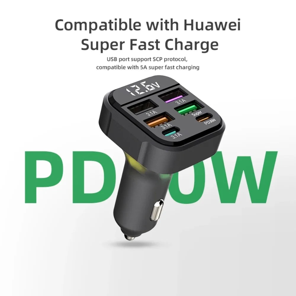 Cargador de Auto 6 Puertos USB con PD30W y QC3.0 Pantalla LED