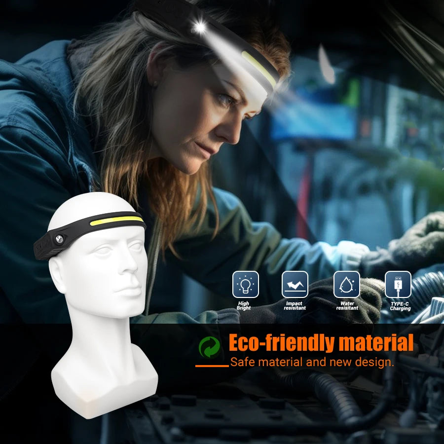 Linterna Frontal LED XPE+COB Recargable USB con Sensor Táctil