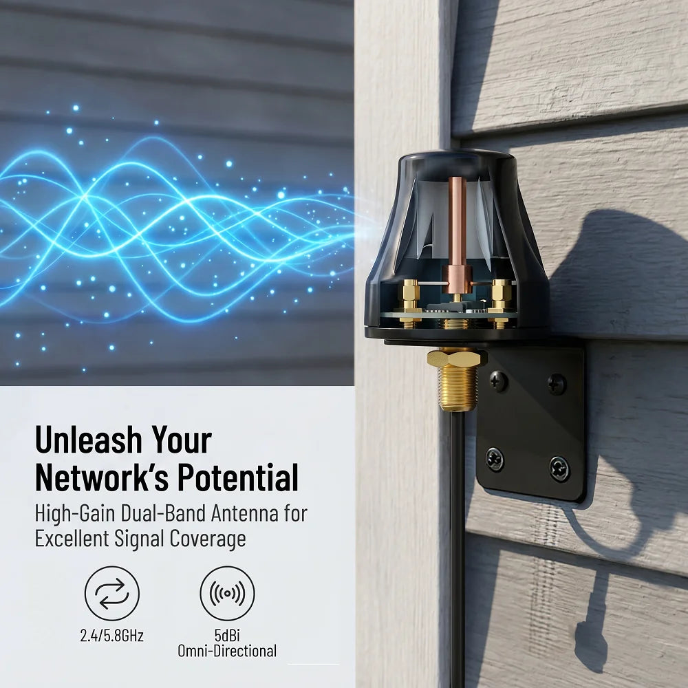 Antena WiFi omnidireccional exterior 5dBi doble banda 2,4/5,8 GHz, cable 3 m