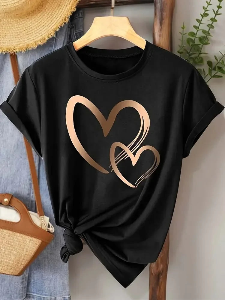 Camiseta con Estampado de Corazón para Mujer, Manga Corta