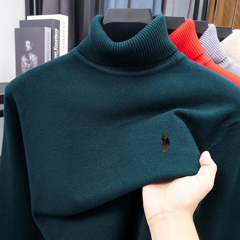 Suéter de Punto de Manga Larga para Hombre, Diseño de Alta Gama, Estampado de Oso, Cuello Alto, Estilo Informal, Versátil, Cálido y Moderno