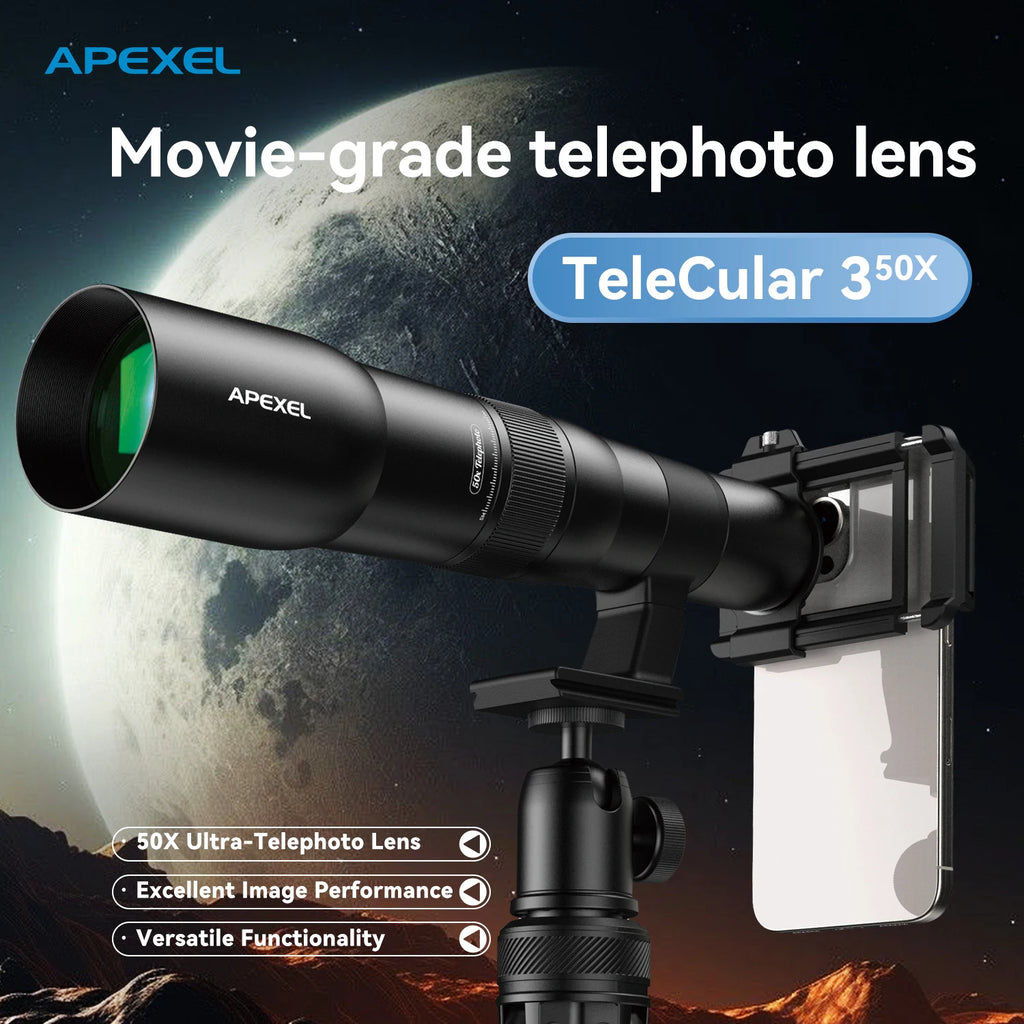 Lente Teleobjetivo 50x APEXEL Profesional con Trípode Metal