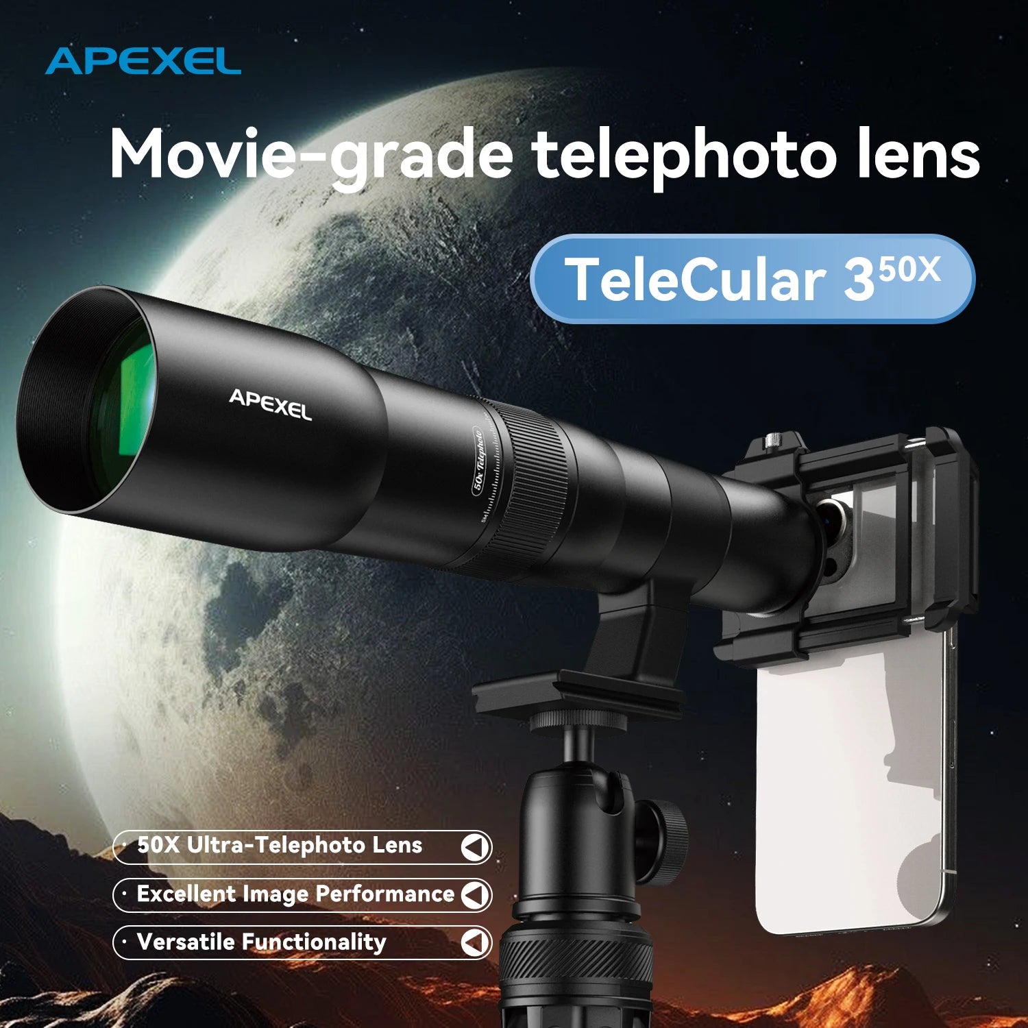 Lente Teleobjetivo 50x APEXEL Profesional con Trípode Metal
