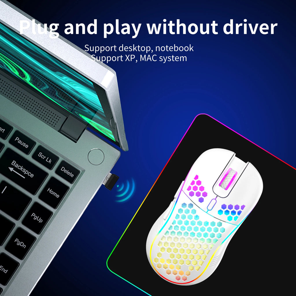 Ratón inalámbrico para juegos Honeycomb 2,4G USB ratón inalámbrico RGB ratón de juego de PC recargable con luces LED, Paracord sin arrastre, Ergon