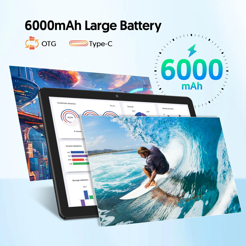 BAKEN Tableta de 10 pulgadas, Android 15, procesador de cuatro núcleos, 64 GB de RAM, memoria expandible de 1 TB, altavoces duales, juego de teclado y mouse