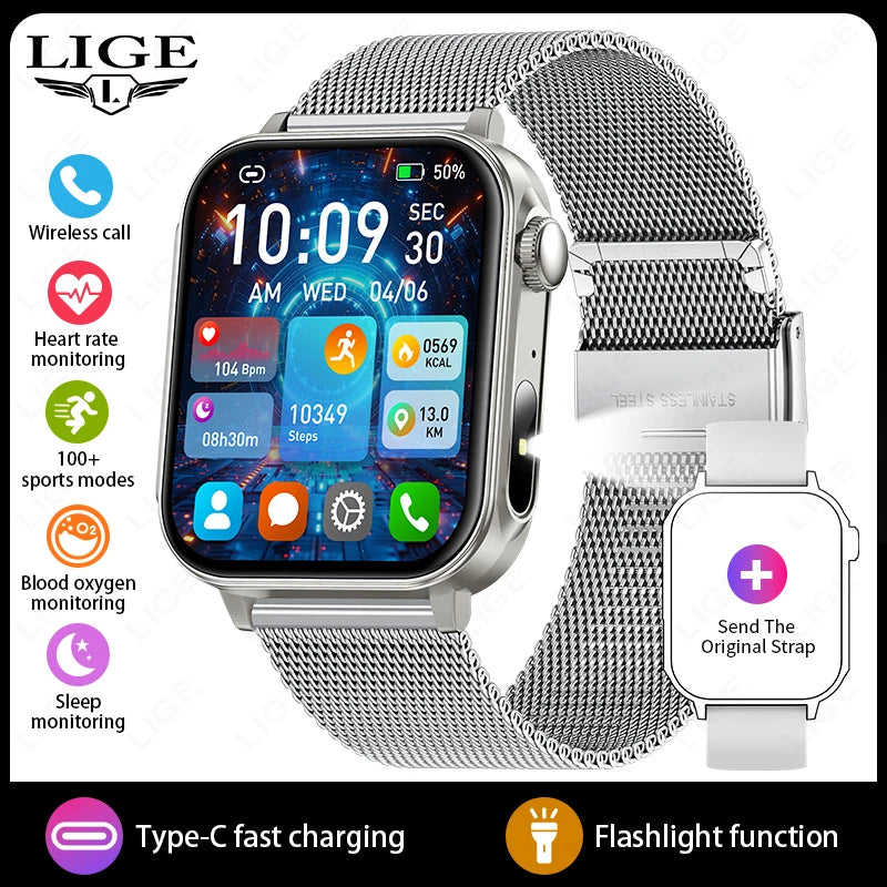 Smartwatch LIGE con llamadas Bluetooth, monitor de salud y carga rápida tipo C