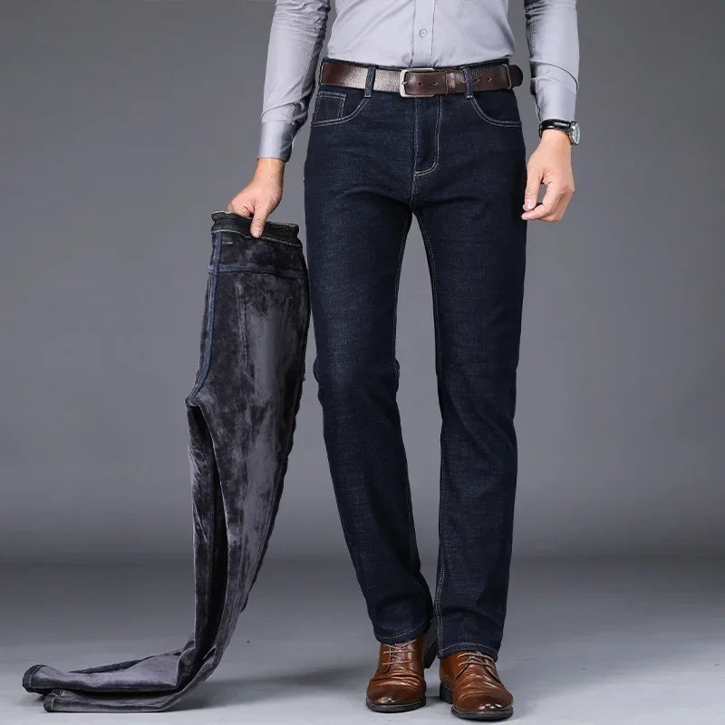 Pantalones Vaqueros de Lana Cálidos para Hombre, Gruesos, Negro y Azul