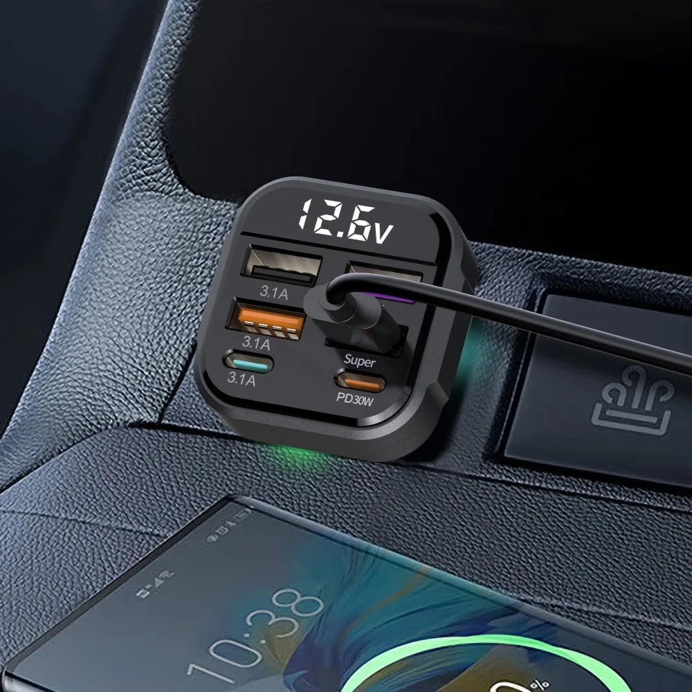 Cargador de Auto 6 Puertos USB con PD30W y QC3.0 Pantalla LED