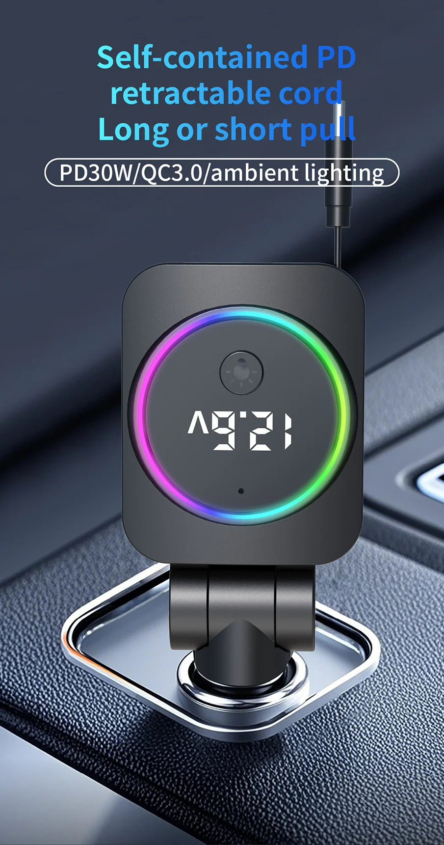Cargador de Auto Retráctil 60W con Cable Tipo C PD30W y QC3.0 USB
