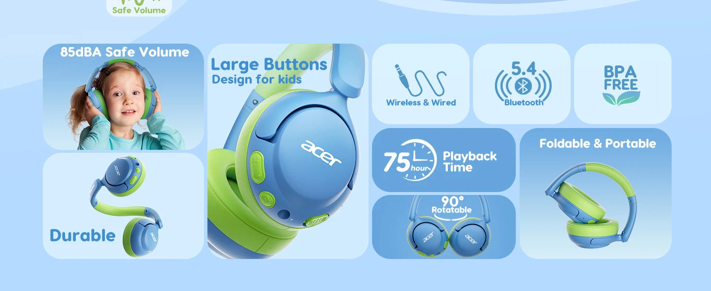 Acer OHR725 Auriculares Infantiles Bluetooth 5.4 85dB