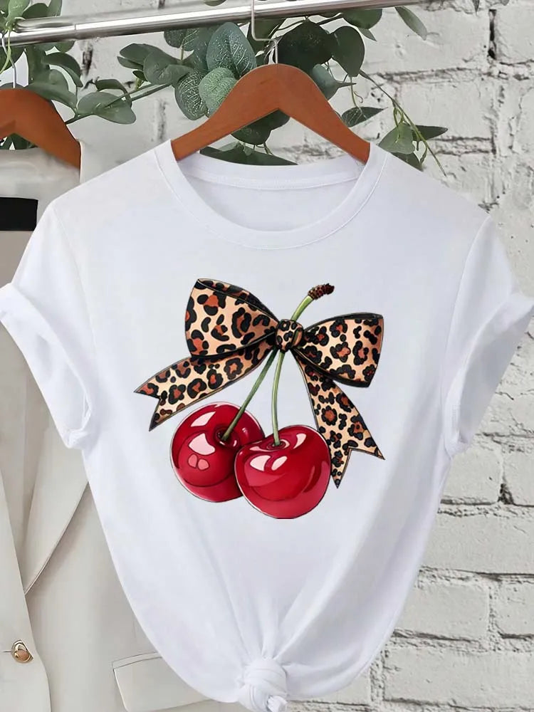 Camiseta con Estampado de Cereza para Mujer, Manga Corta