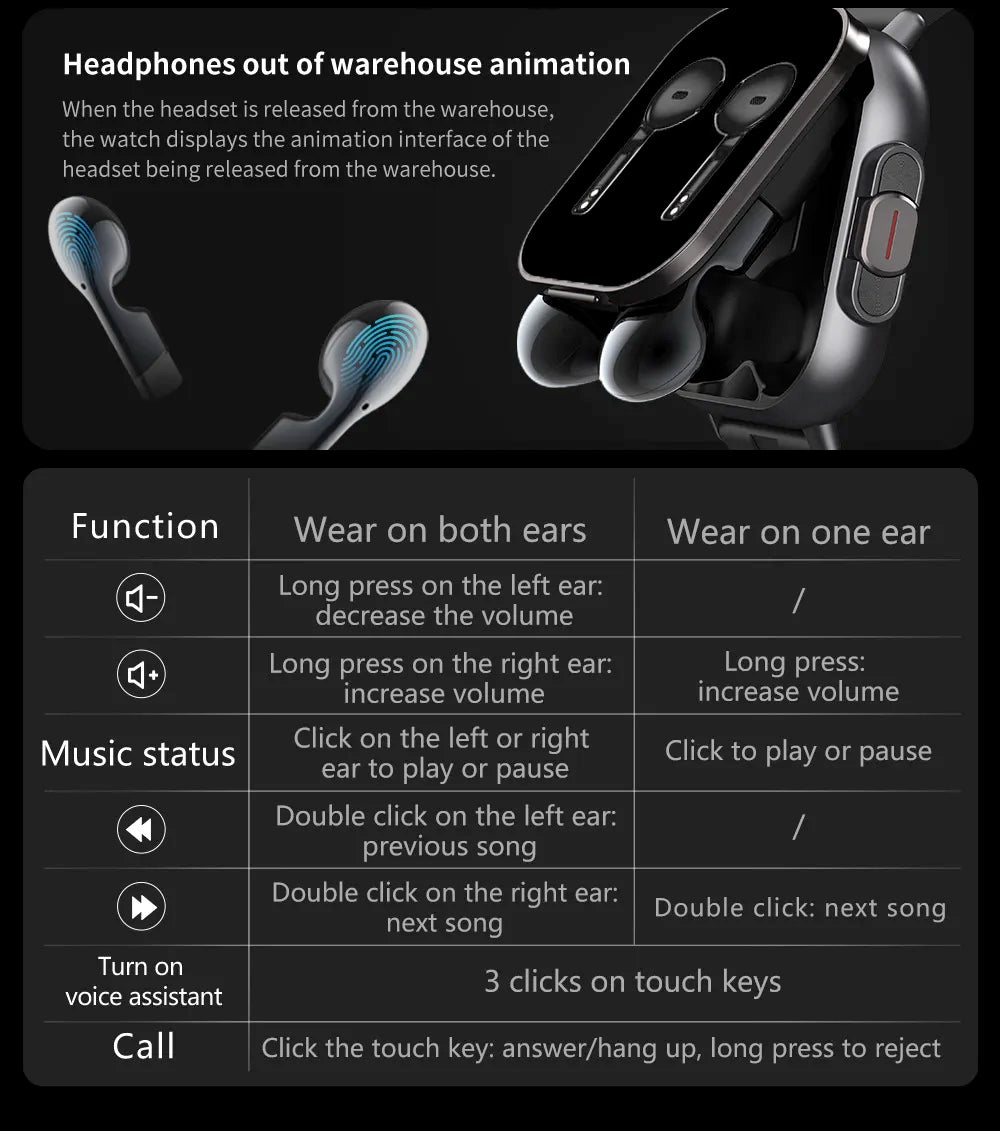 BT llamada diente azul auriculares relojes 2,01 "auriculares 2 en 1 reloj inteligente ritmo cardíaco deporte Fitness pulsera TWS auricular Smartwatch