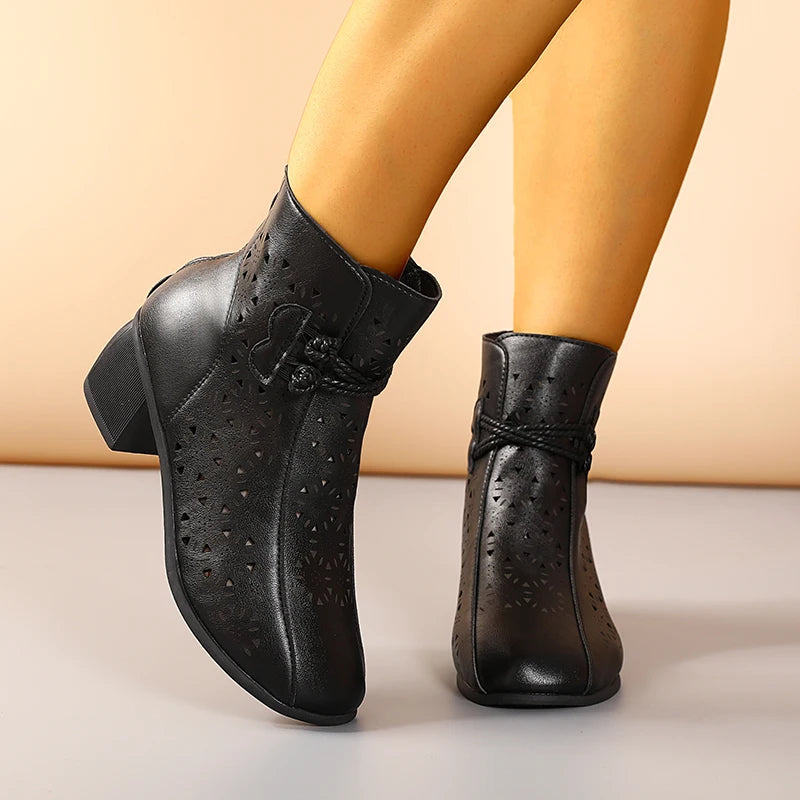 NOVEDAD DE VERANO 2025, botines de tacón medio con suela suave y agujeros a la moda para mujer, zapatos cómodos transpirables Retro