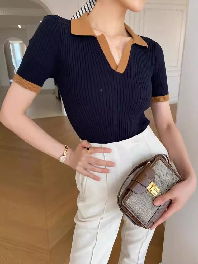Camiseta Polo de Verano para Mujer Estilo Francés