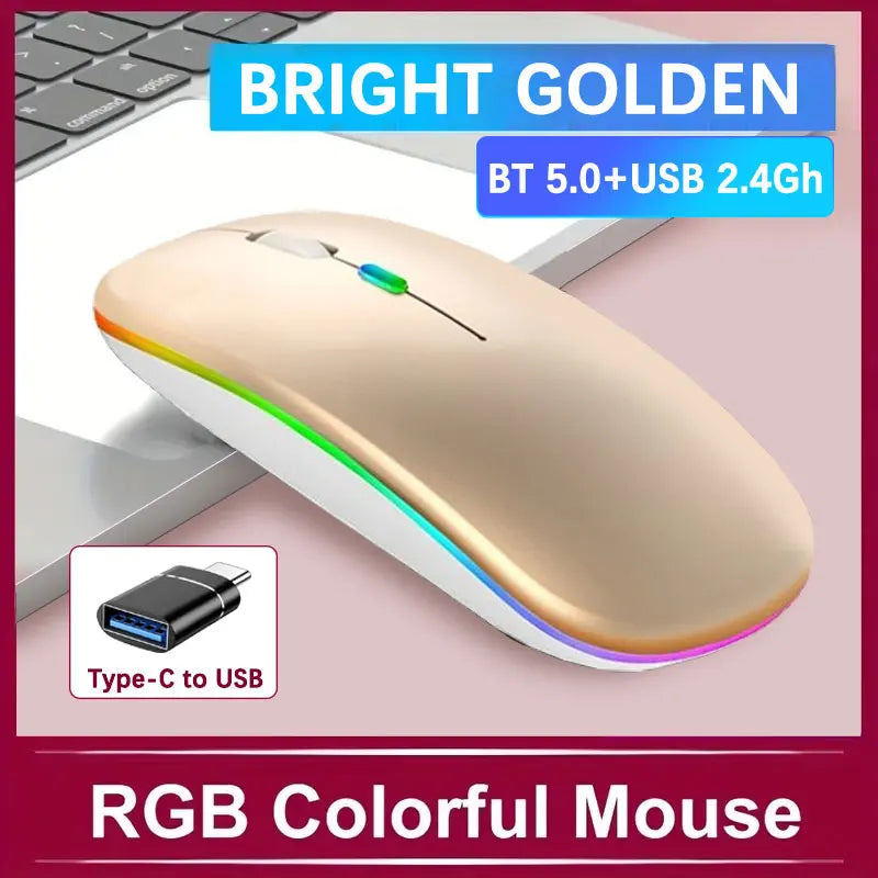 Ratón inalámbrico recargable con retroiluminación LED Bluetooth con adaptador tipo C ratón para juegos adecuado para MAC/portátil/PC/Windows