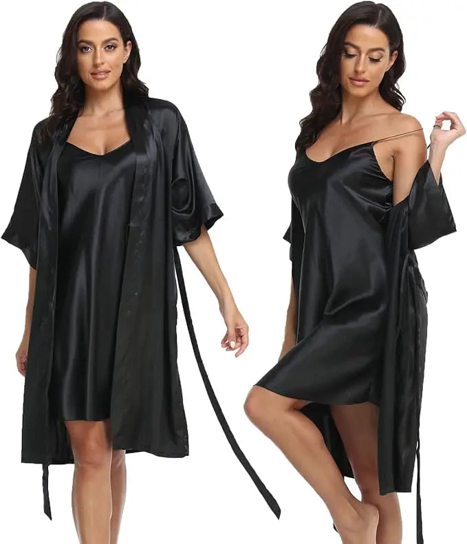 Conjunto de pijamas de seda de lujo para mujer, bata de manga larga, falda holgada cómoda, pijamas para mujer, conjunto de dos piezas