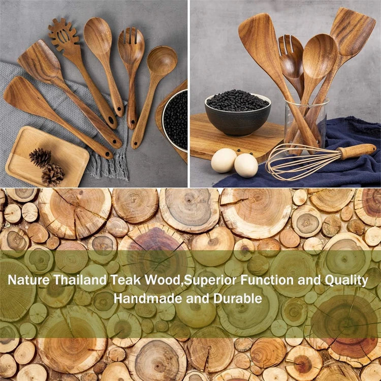 LMETJMA Paquete de 10 utensilios de cocina de madera de teca Natural, juego de utensilios de cocina con espátula y cucharas de madera para cocinar y hornear JT503