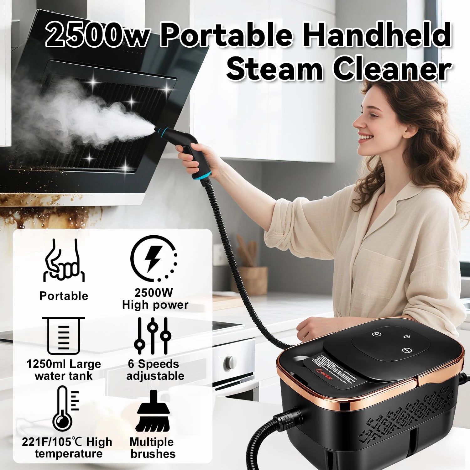 Limpiador a vapor portátil de alta temperatura de 2500W para aire acondicionado, campanas de cocina, coches, suelos y más.