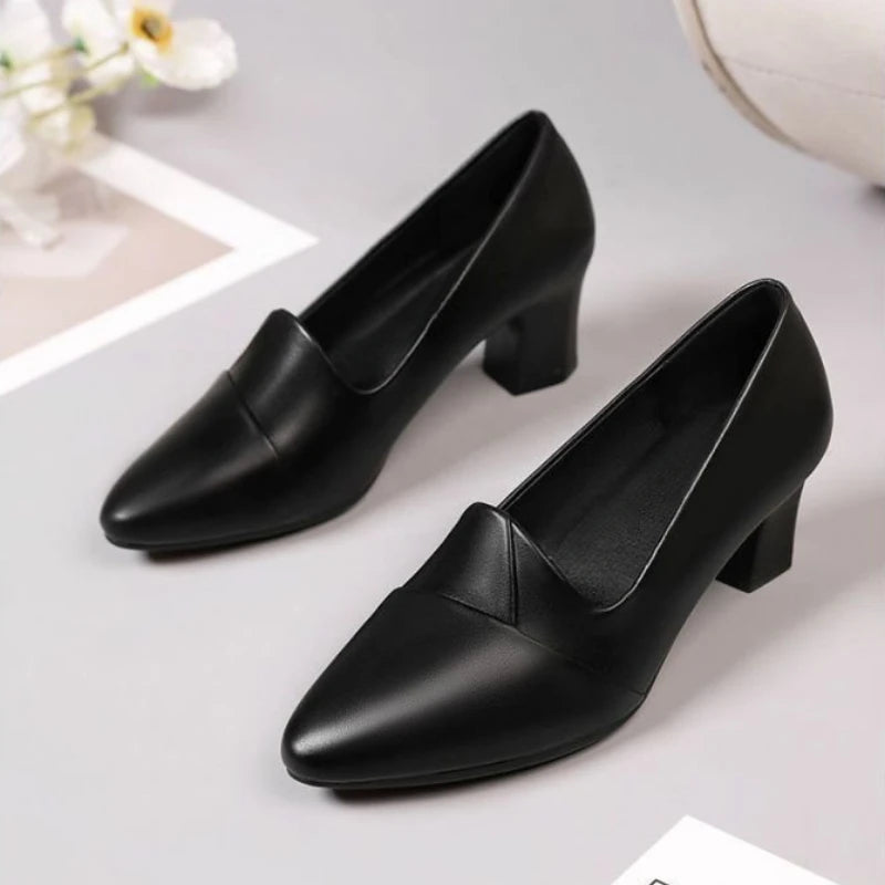 Zapatos de Tacón Grueso con Punta en Pico para Mujer, Zapatos de Oficina y Carrera, Corte en V, Acabado Mate, Clásicos, Elegantes y Cómodos