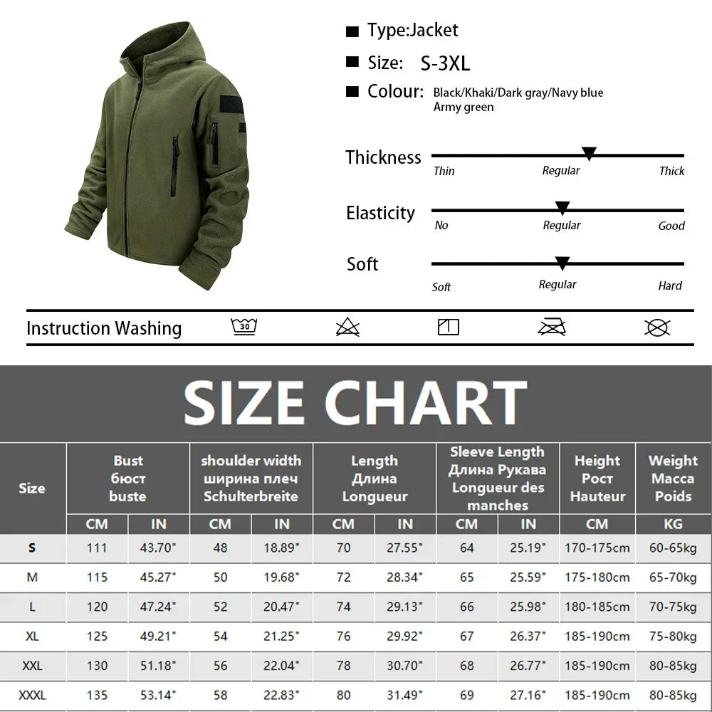 Chaqueta Polar Táctica con Capucha para Hombre | Cremallera Completa