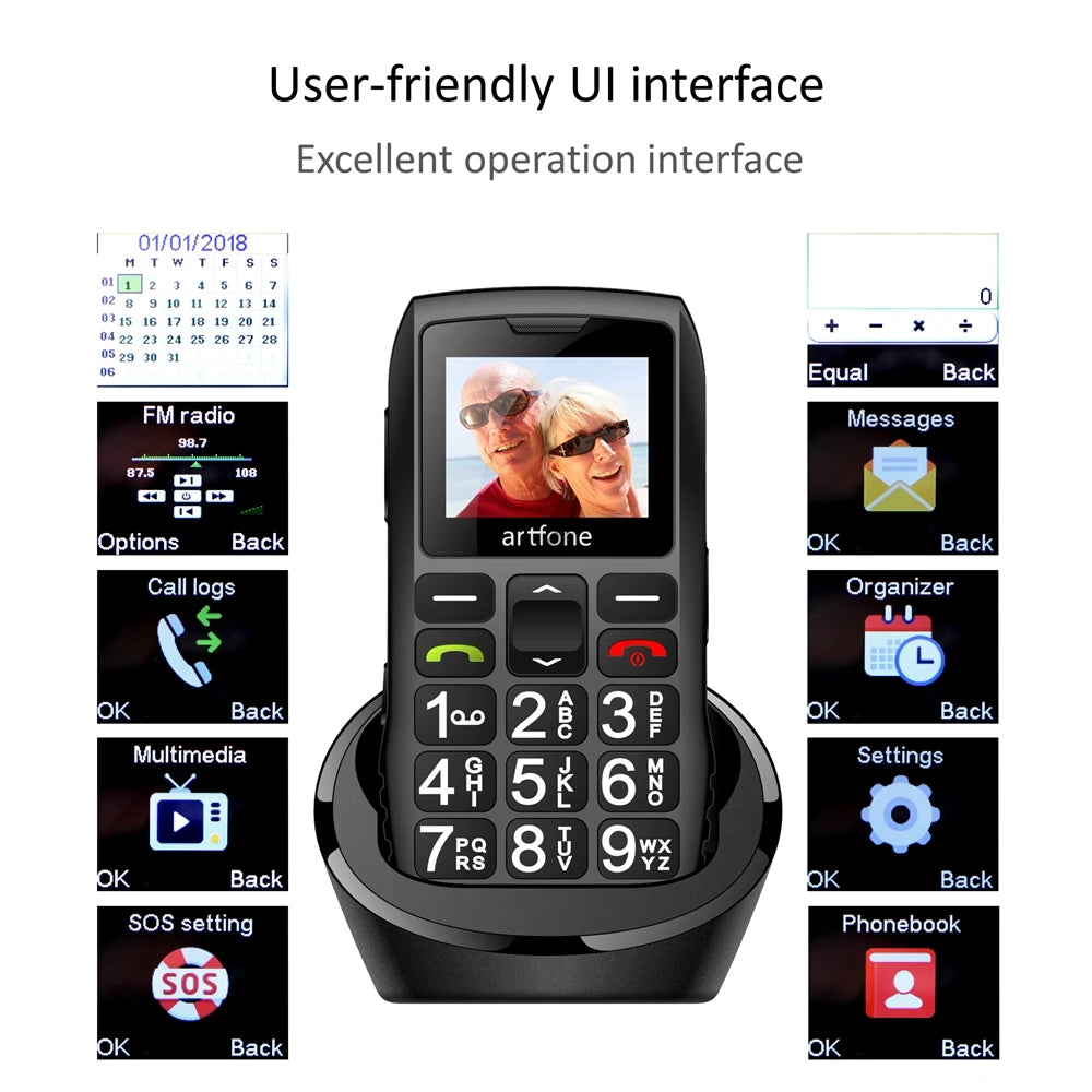 Teléfono móvil para personas mayores Artfone C1+ con base de carga gratuita, teclado grande de goma, para personas mayores, doble SIM, botón SOS, FM, 1400 mAh